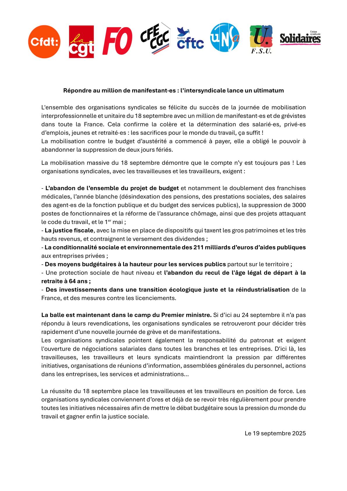 Communiqué de presse intersyndical&nbsp;: Répondre au million de manifestant·es&nbsp;: l’intersyndicale lance un ultimatum